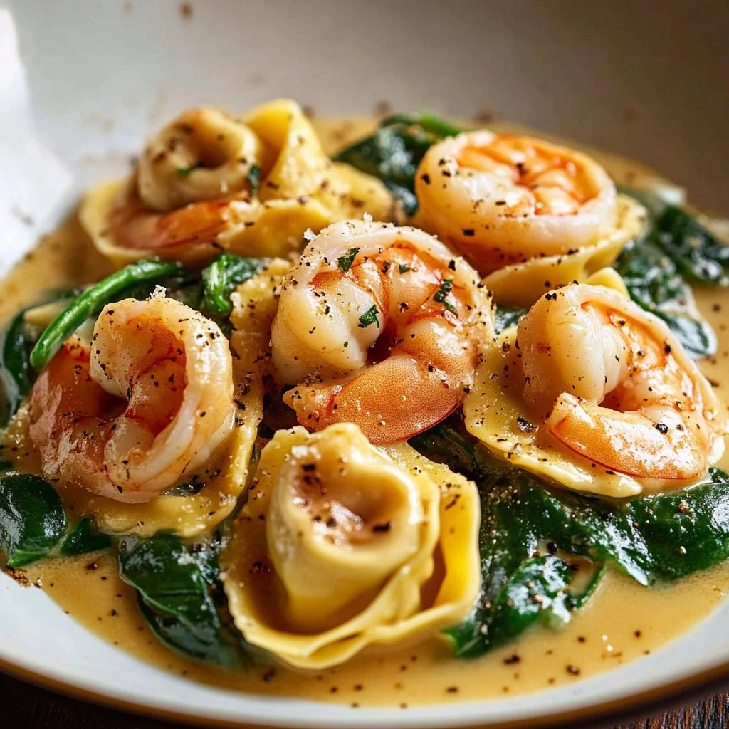Creamy shrimp and spinach tortellini dish garnished with herbs
