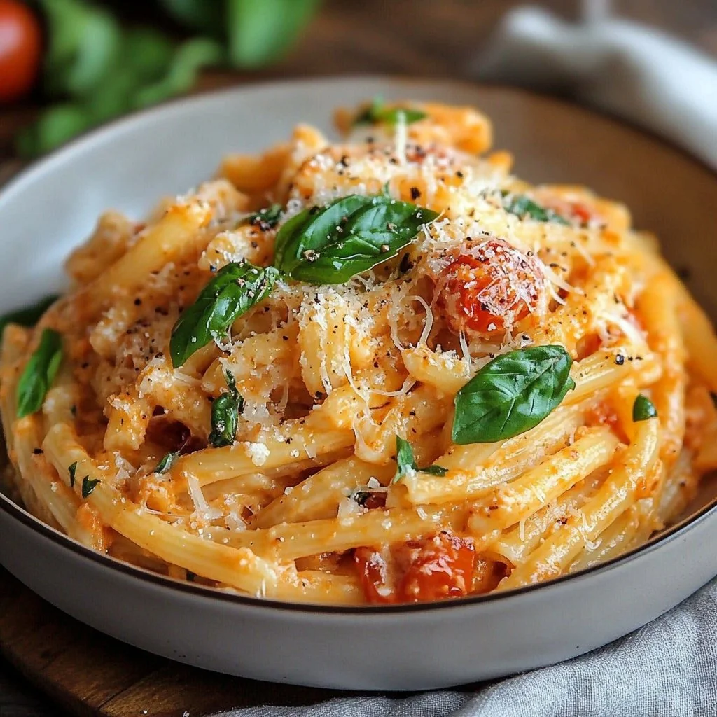 Creamy tomato garlic pasta dish with fresh herbs and grated cheese