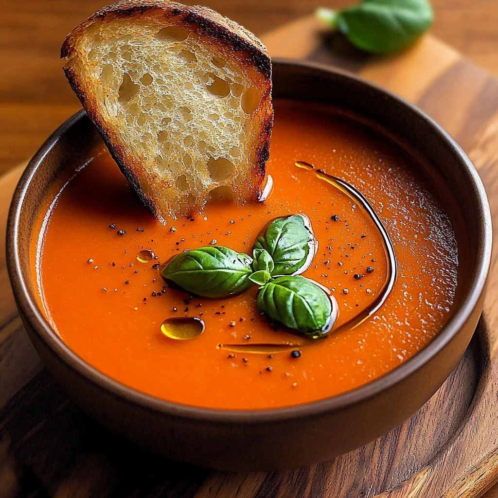A bowl of creamy tomato soup garnished with herbs and drizzled with cream.