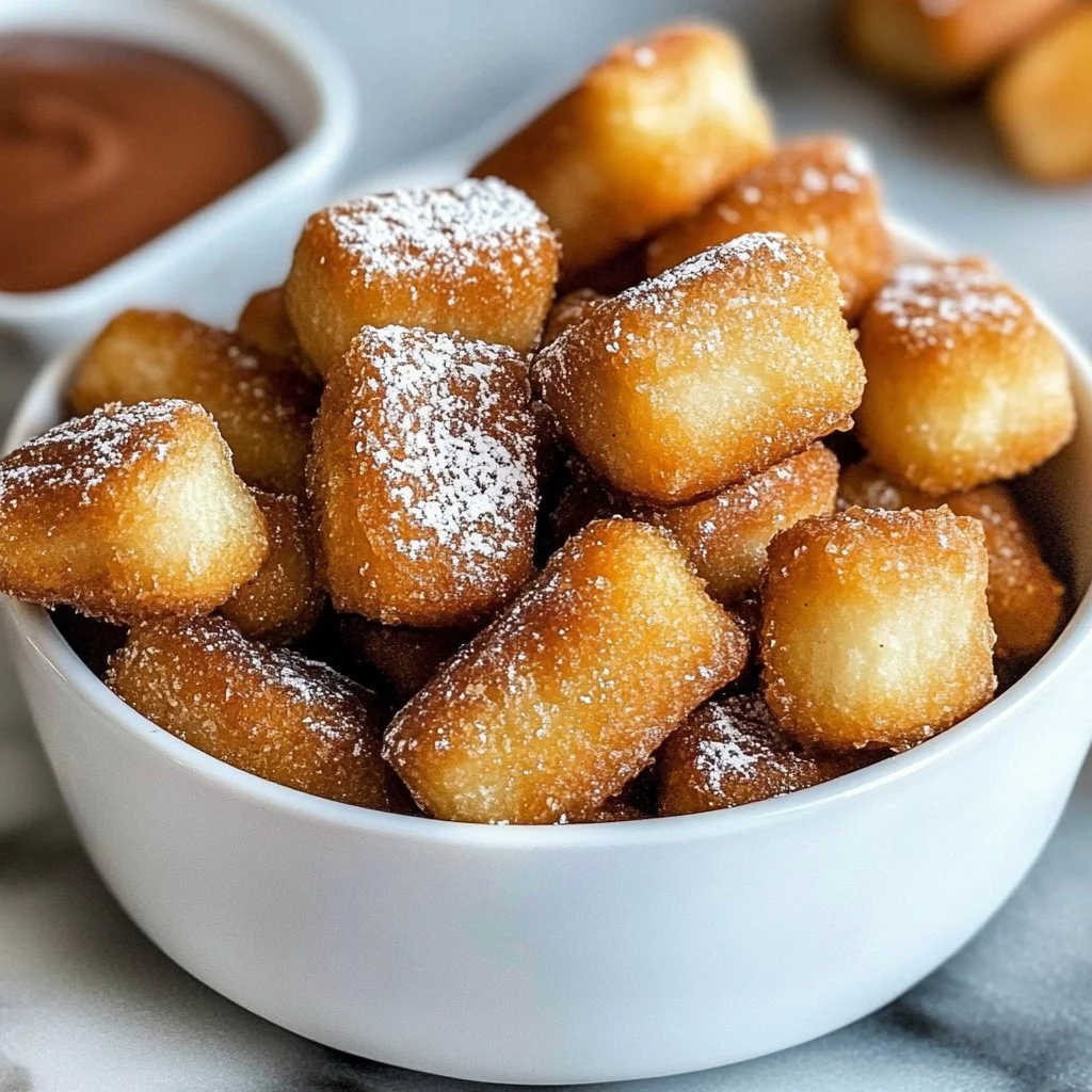 Crispy air fryer churro bites served with chocolate dipping sauce.
