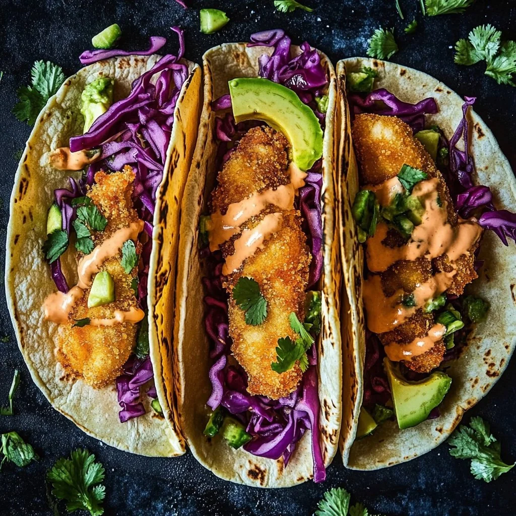 Crispy fish tacos with cilantro lime slaw served on a plate