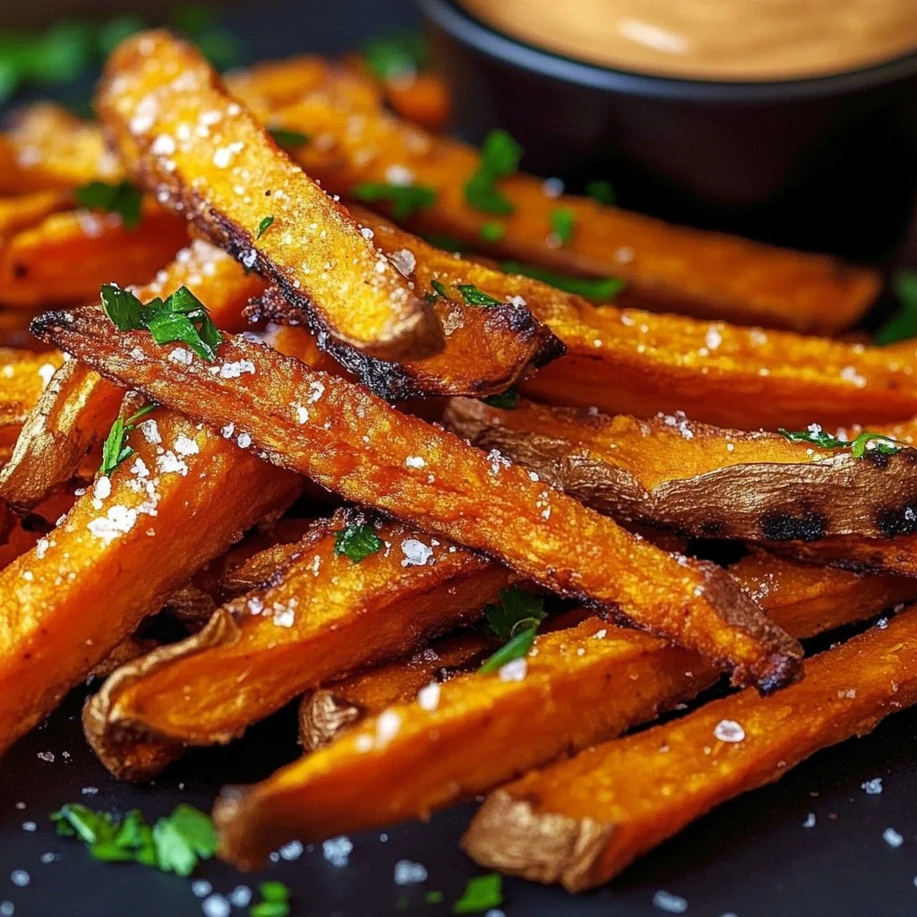 Crispy oven baked sweet potato fries served on a plate