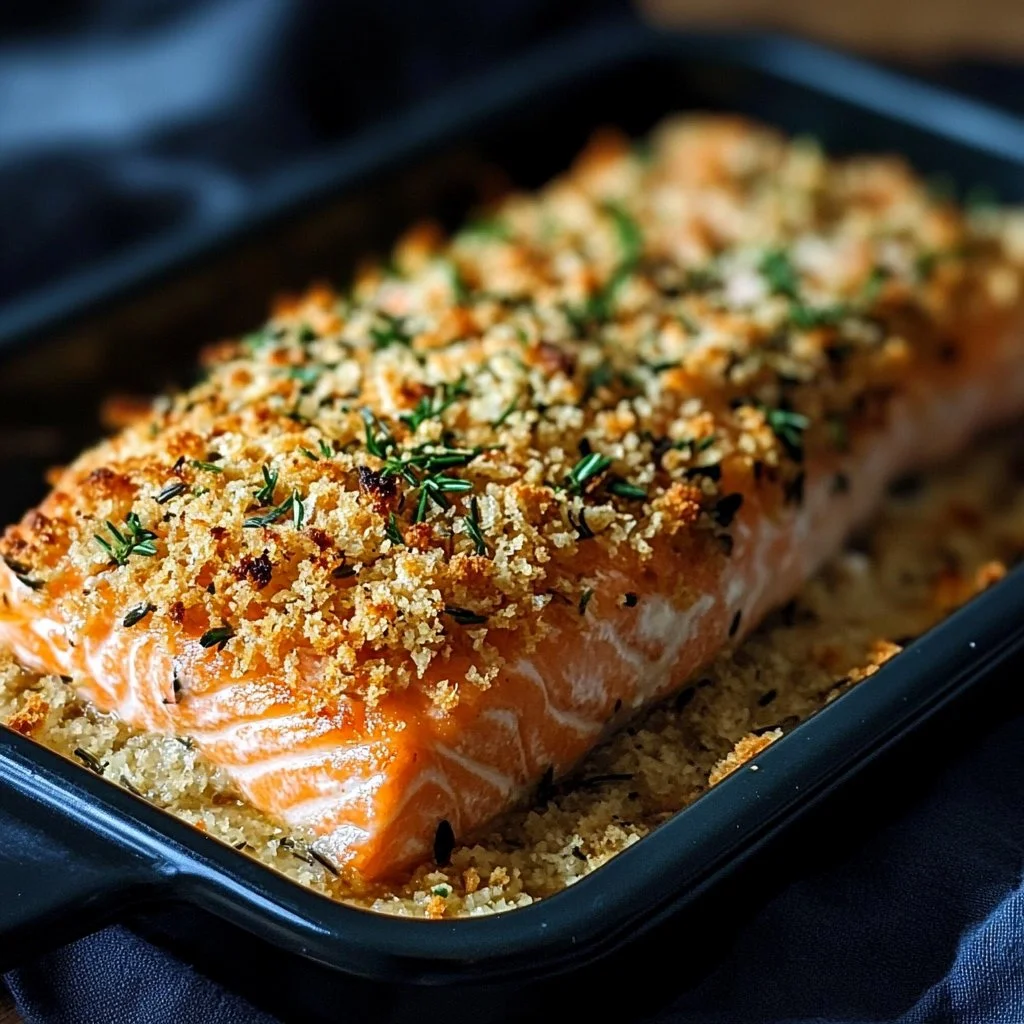 Crispy Parmesan Salmon Bake with herbs and lemon on a plate