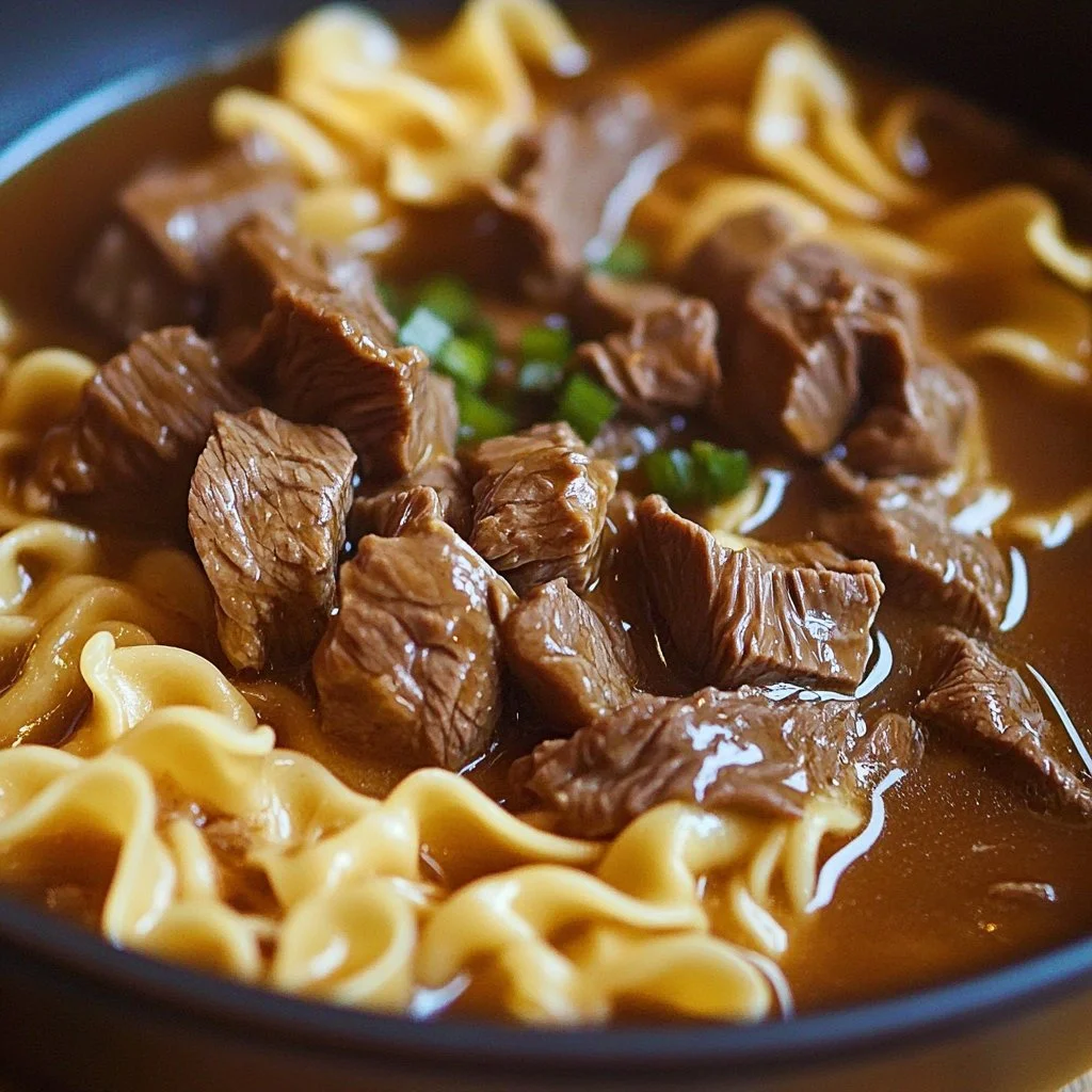 Crockpot Beef and Noodles dish with savory ingredients in a bowl