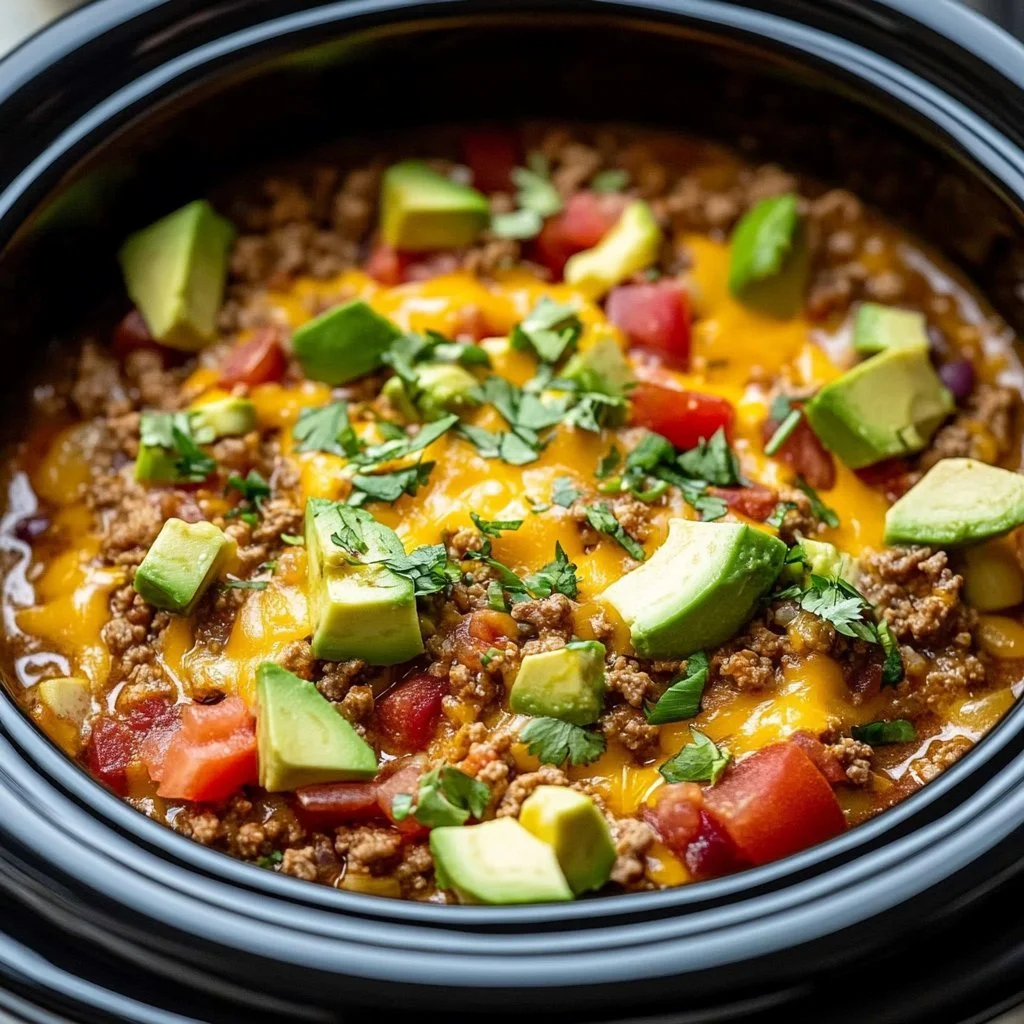 Crockpot breakfast tacos topped with fresh ingredients and served on a plate