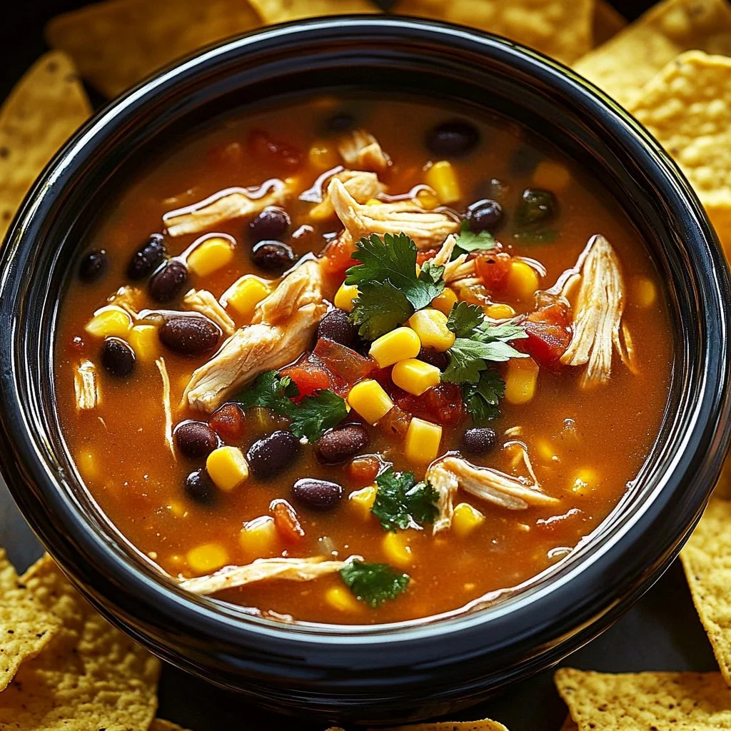 Bowl of Crockpot Chicken Tortilla Soup topped with cilantro and tortilla strips.