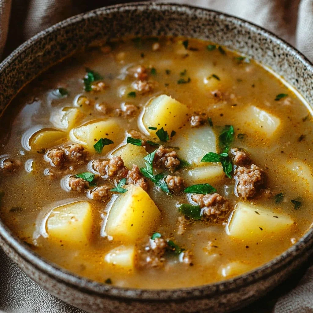 Crockpot Creamy Potato & Hamburger Soup served in a bowl with toppings