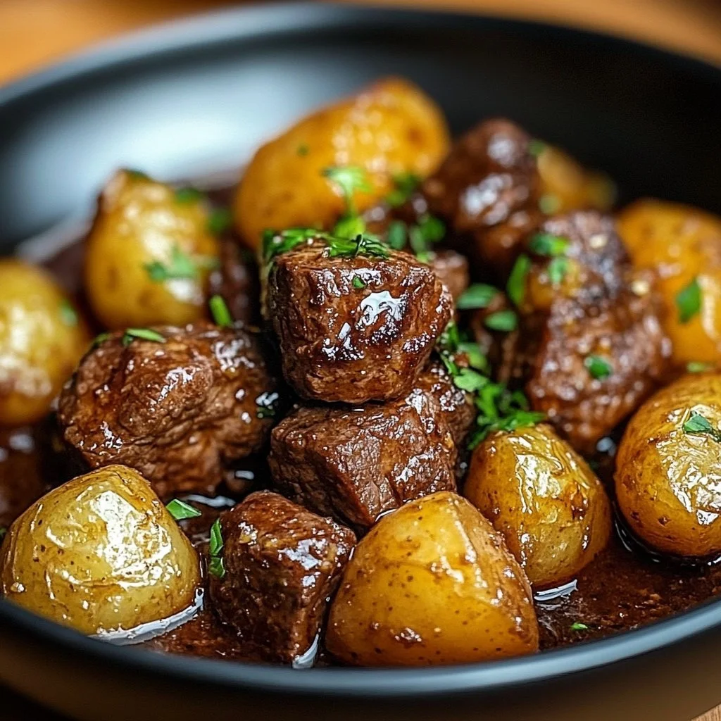 Crockpot Garlic Butter Beef Bites with Potatoes served in a bowl