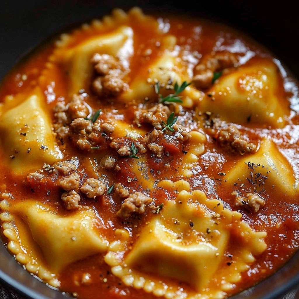 Delicious Crockpot Ravioli Lasagna cooked to perfection in a slow cooker