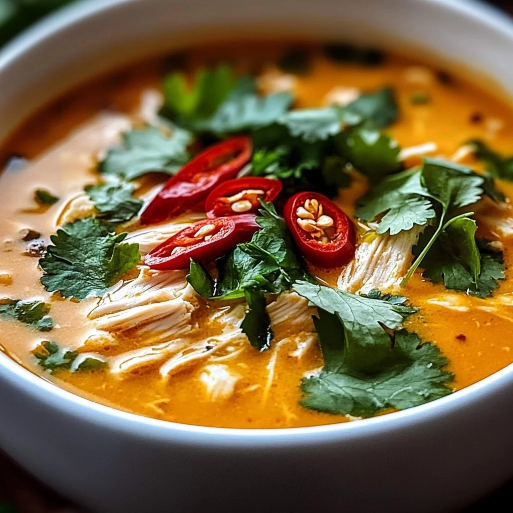 Bowl of decadent Crockpot Thai Coconut Chicken Soup with fresh herbs