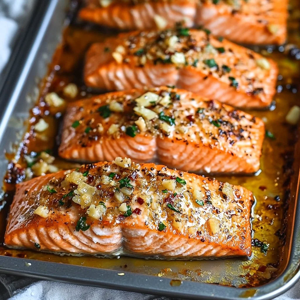 Oven baked salmon fillet seasoned and ready to serve on a plate.