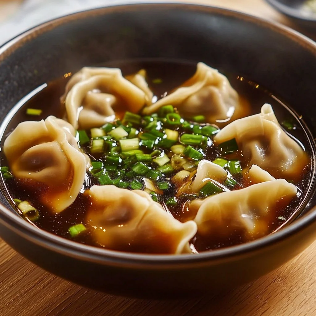 Delicious bowl of potsticker soup with dumplings and fresh vegetables.