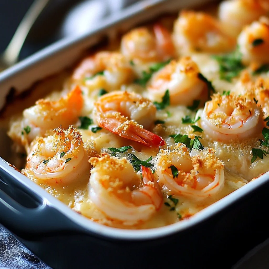 Delicious shrimp casserole ready to serve, featuring shrimp, cheese, and herbs.
