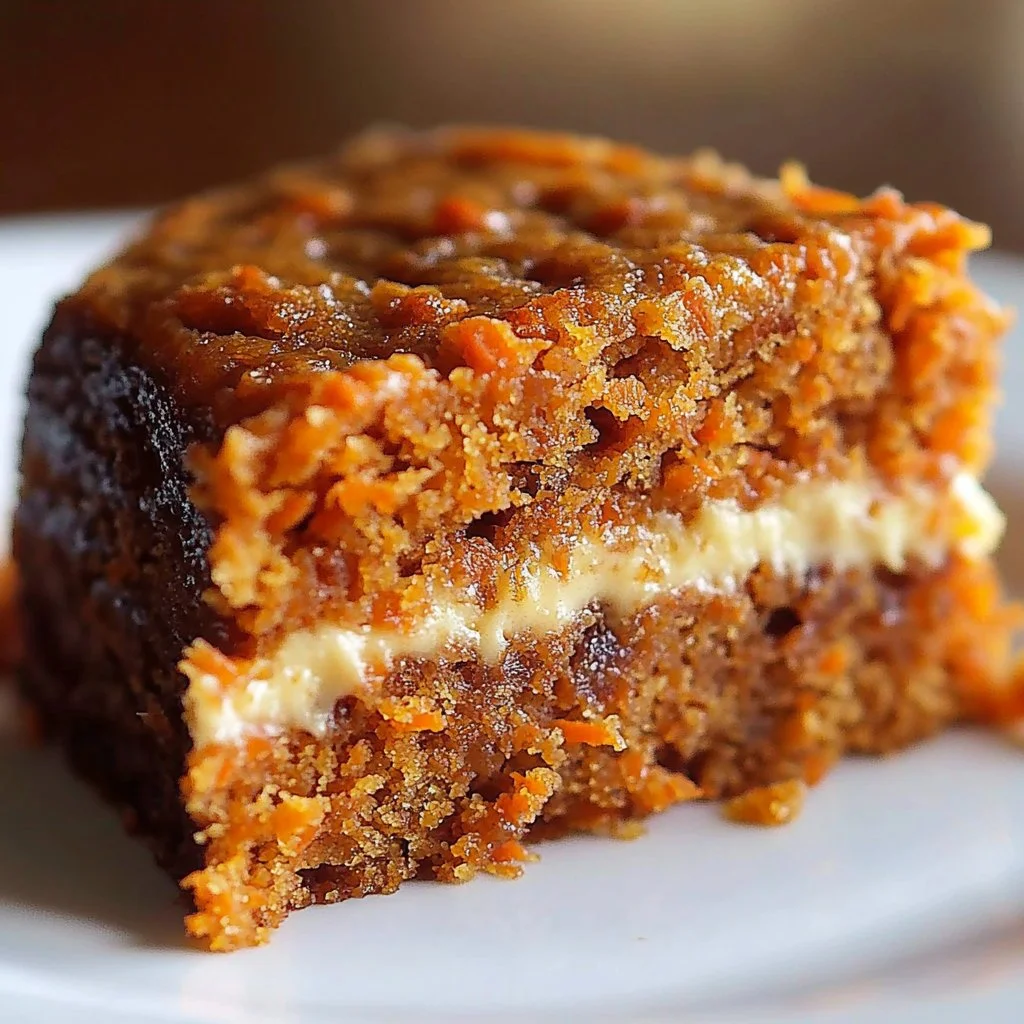 Slice of flourless oatmeal carrot cake with cream cheese frosting and carrots