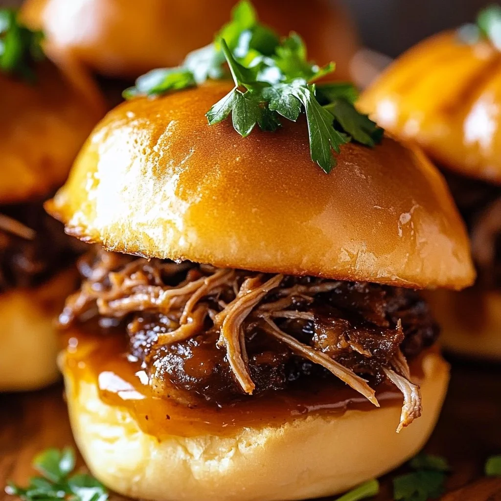 Delicious French Dip Sliders with beef, cheese, and dipping sauce