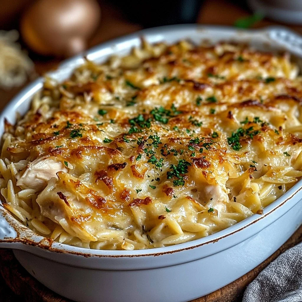 French Onion Chicken Orzo Casserole 1 French Onion Chicken Orzo Casserole