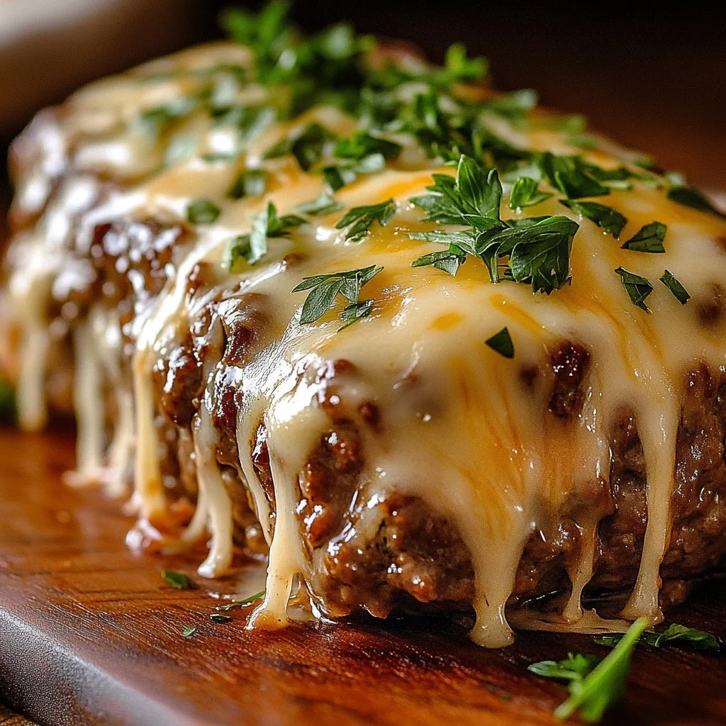 Savory French Onion Meatloaf with melted cheese and caramelized onions