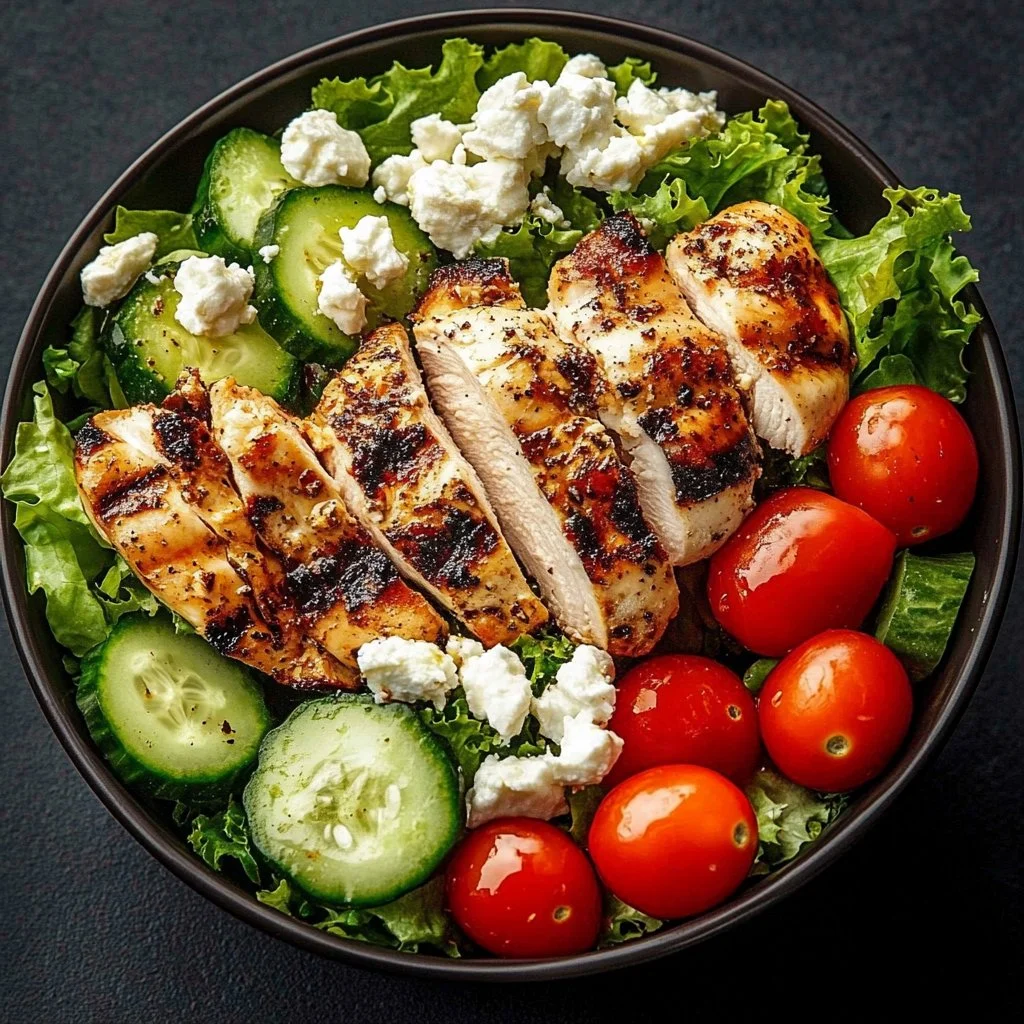 Fresh Greek Chicken Bowl with vegetables and tzatziki sauce