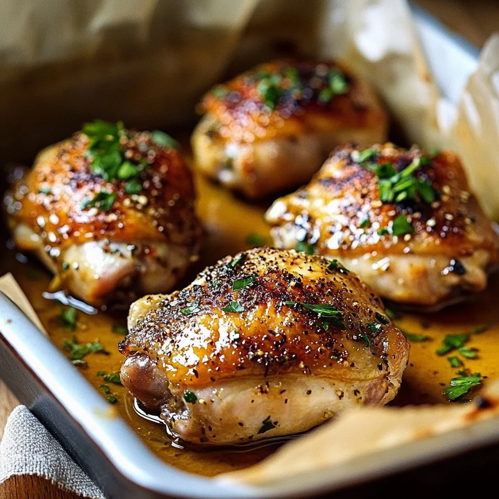 Delicious garlic butter baked chicken breast served on a plate with herbs.