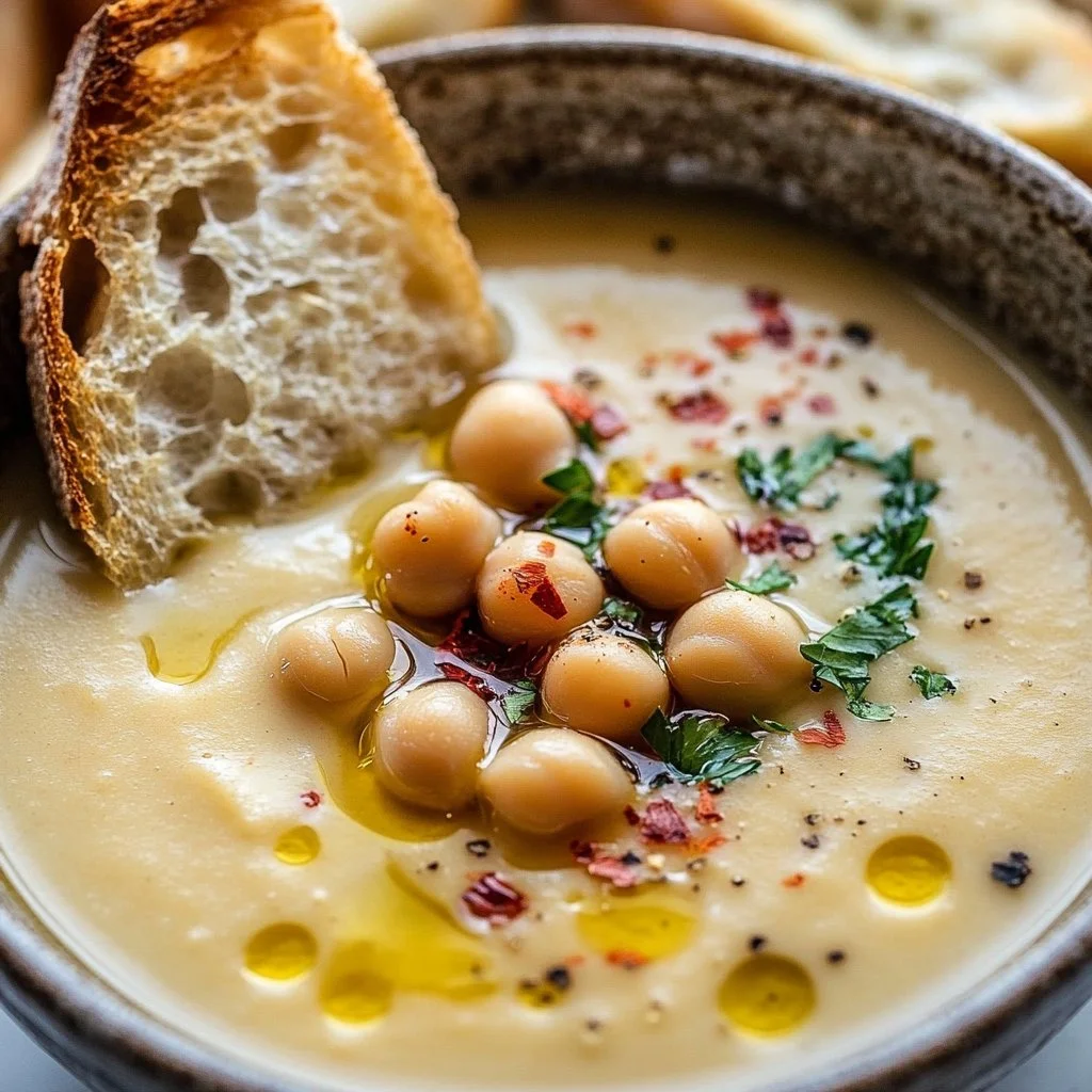 Bowl of delicious Garlic Chickpea Soup garnished with herbs