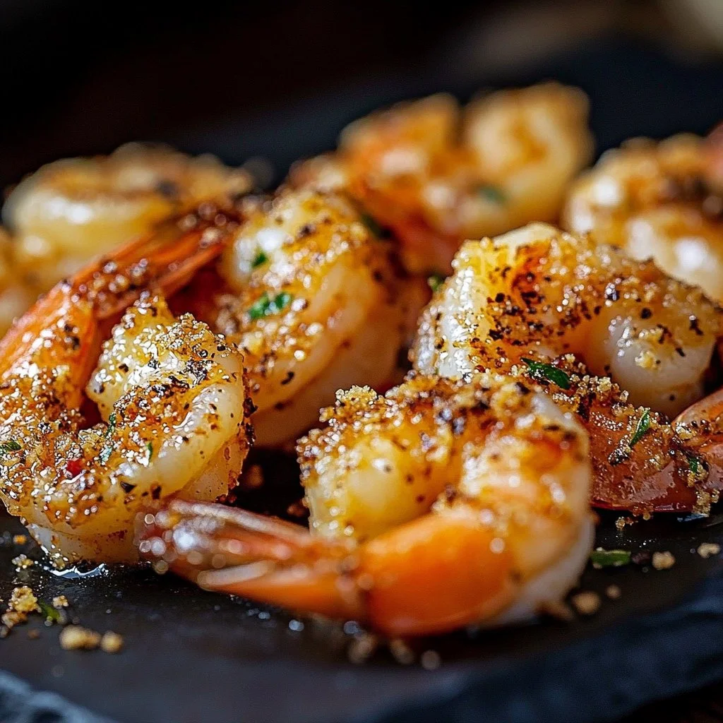 Plate of Garlic Parmesan Roasted Shrimp garnished with parsley
