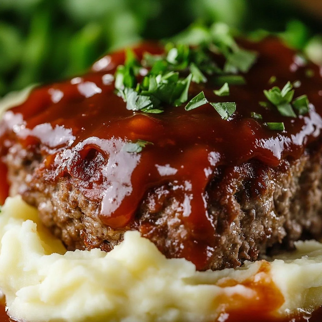 Delicious slice of homemade meatloaf on a plate with garnish