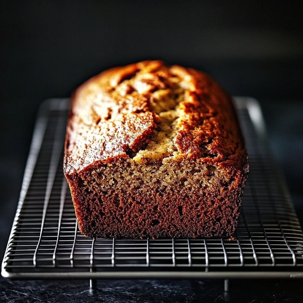 Freshly baked Grandma's classic banana bread on a cooling rack