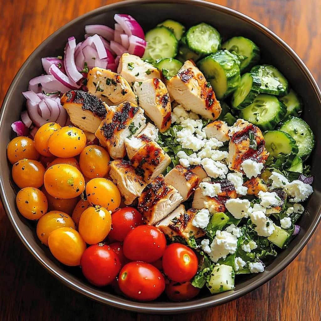 Delicious Greek Chicken Bowl with fresh vegetables and herbs
