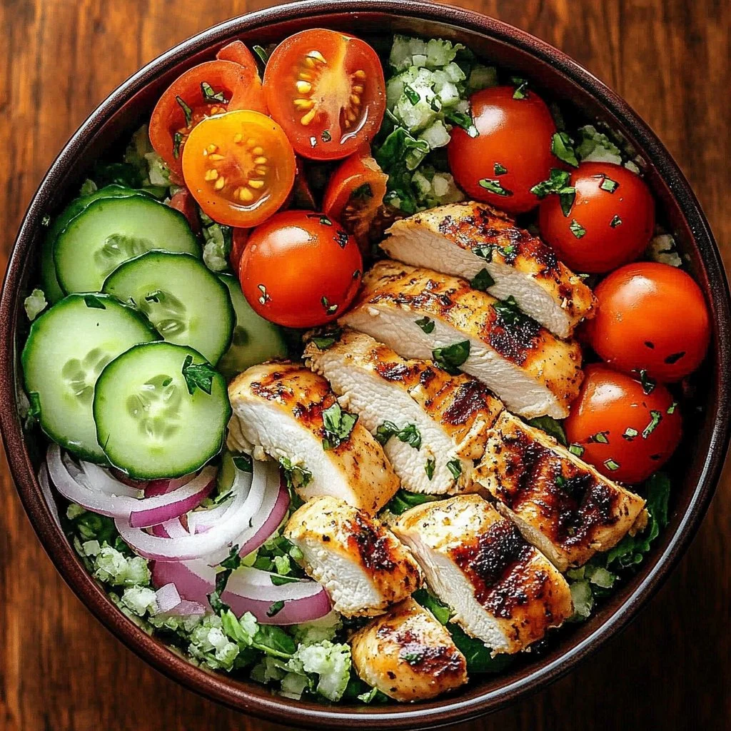 Delicious Greek Chicken Bowl with marinated chicken and fresh vegetables