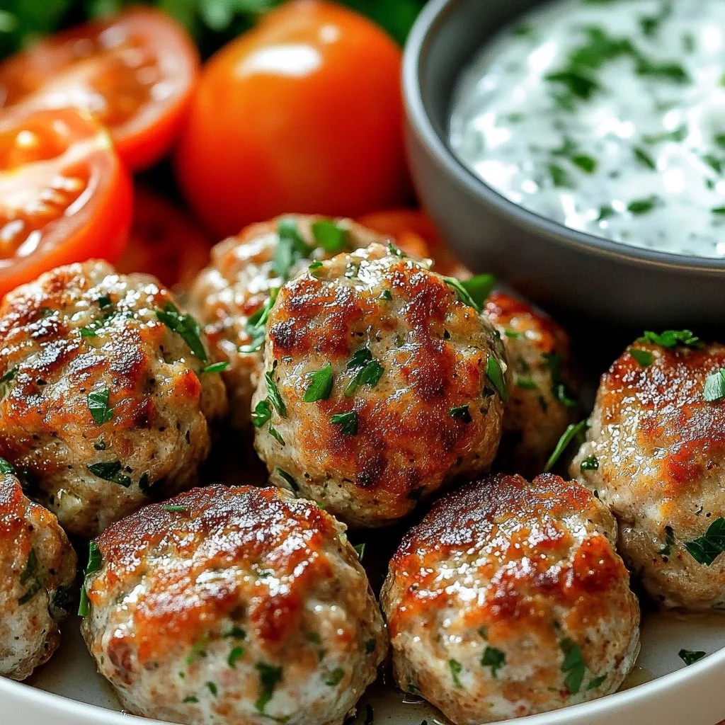 Delicious Greek Turkey Meatballs served with creamy Tzatziki sauce