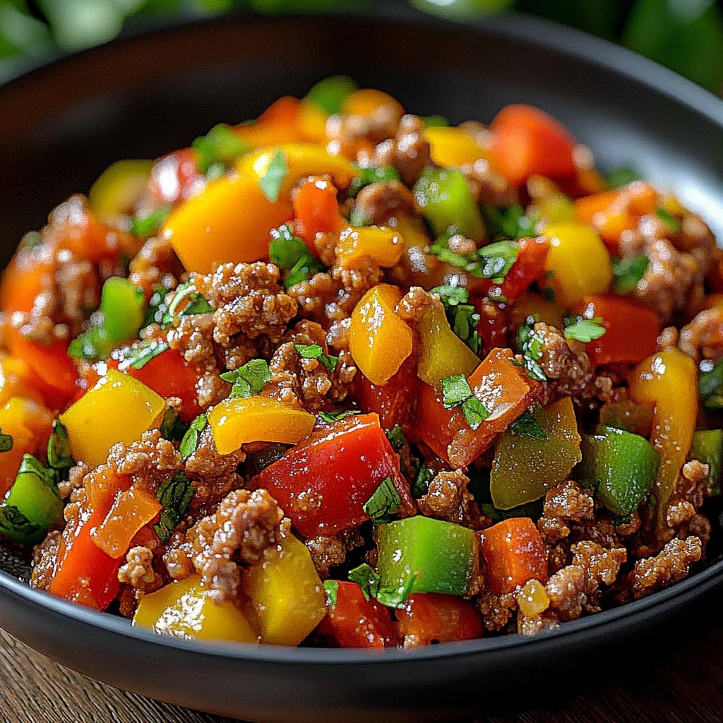 Ground turkey and peppers dish served on a plate, showcasing colorful ingredients.