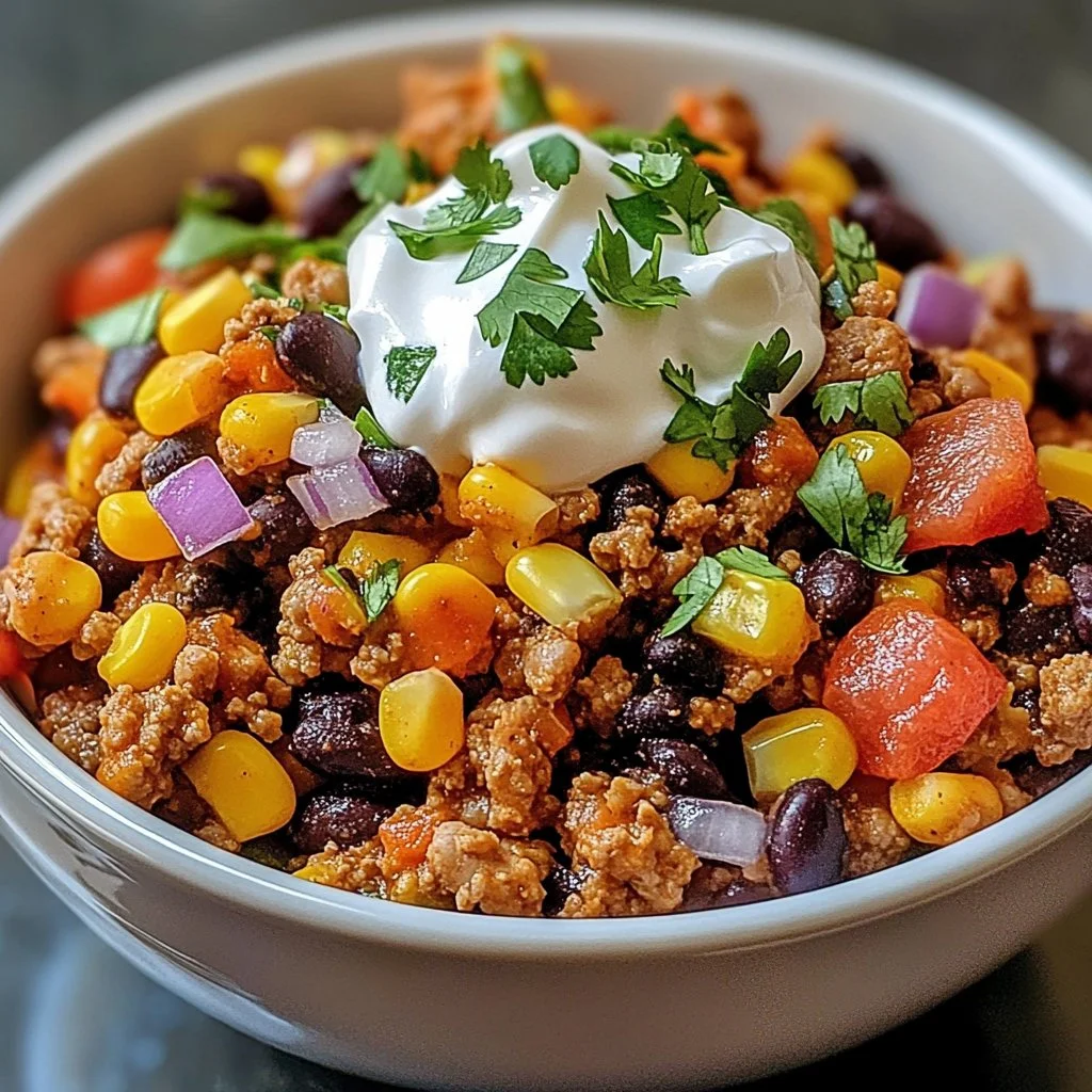 Delicious ground turkey taco skillet topped with cheese and fresh ingredients.