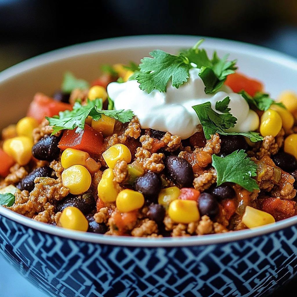 Ground turkey taco skillet with colorful veggies in a cast iron pan