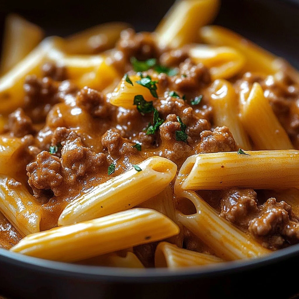 Creamy beef pasta served in a bowl, garnished with herbs and cheese.