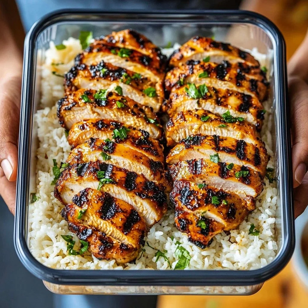High protein creamy Cajun chicken served over rice in a bowl