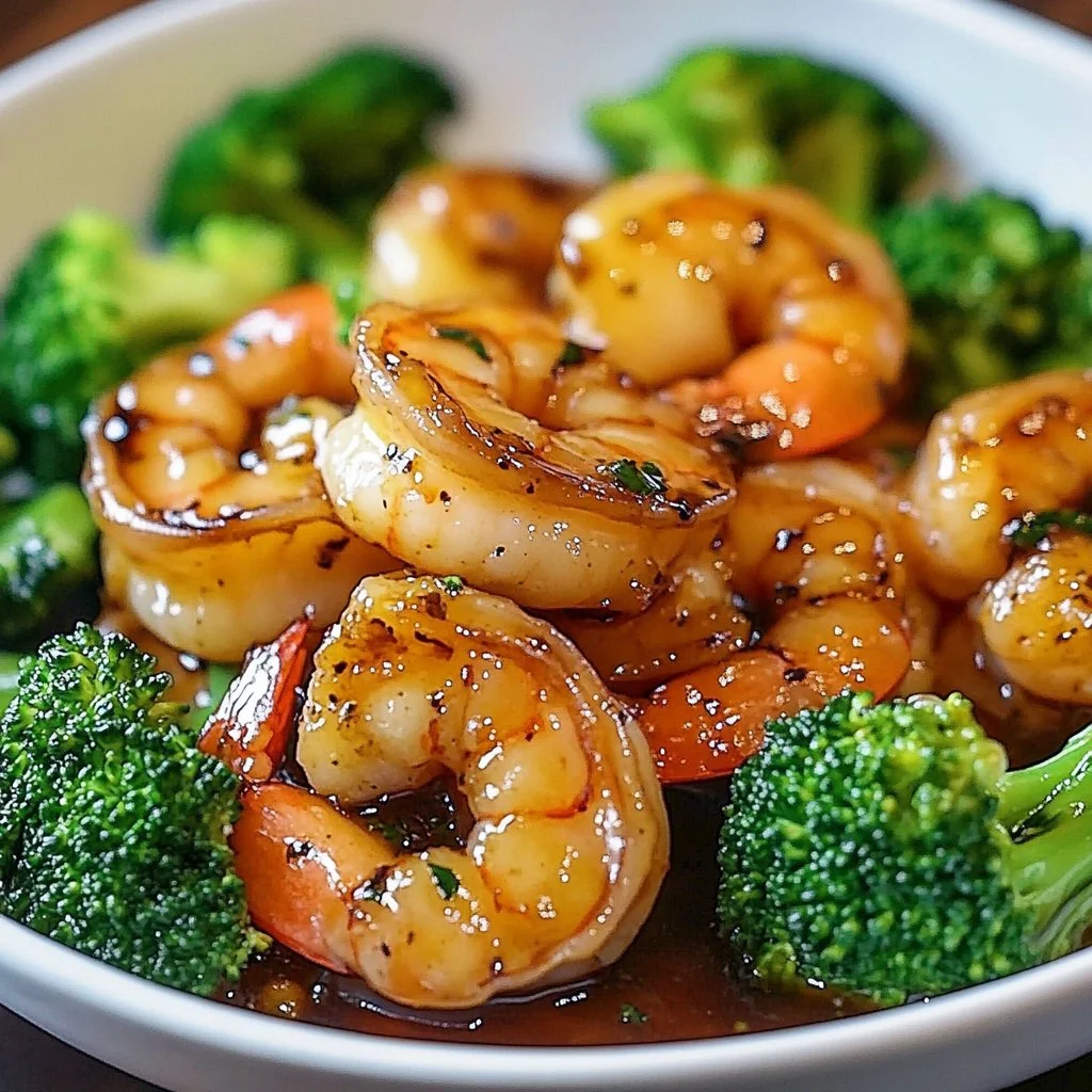 High-protein honey garlic shrimp dish garnished with green onions and sesame seeds.