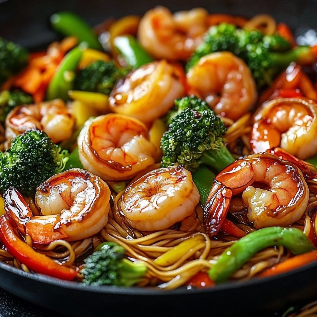 High-protein shrimp stir fry with noodles in a one-pan dish