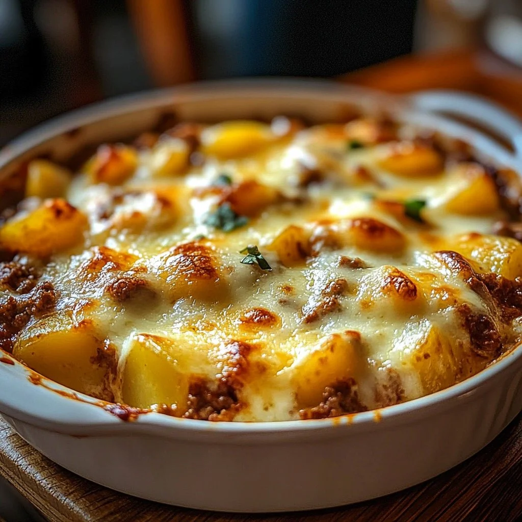 Delicious Hobo Casserole in a baking dish ready to serve.