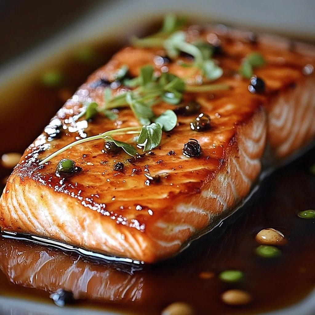 Delicious honey garlic glazed salmon fillet served on a plate with vegetables