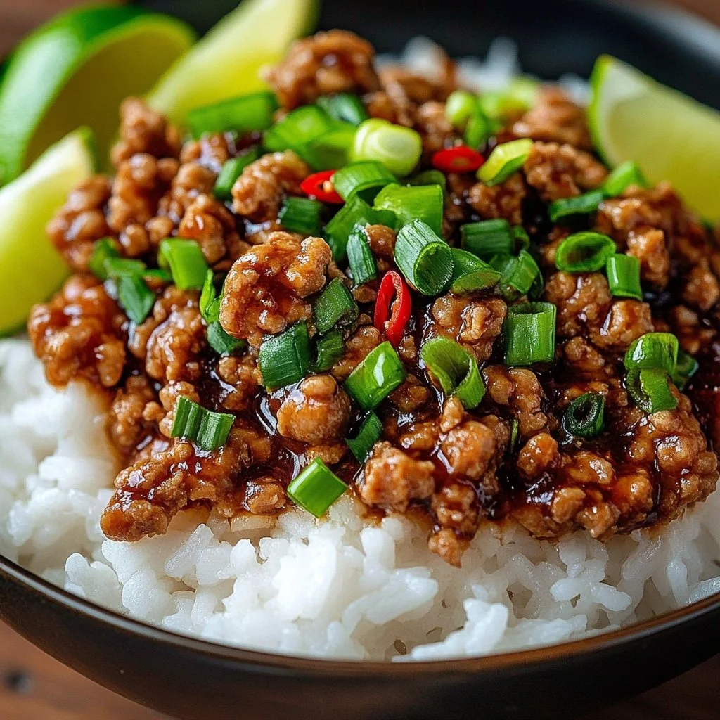 Honey Garlic Ground Turkey served on a plate with vegetables