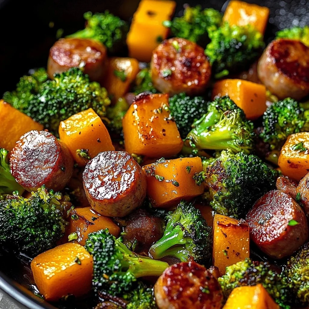Honey garlic sausage served with roasted sweet potatoes