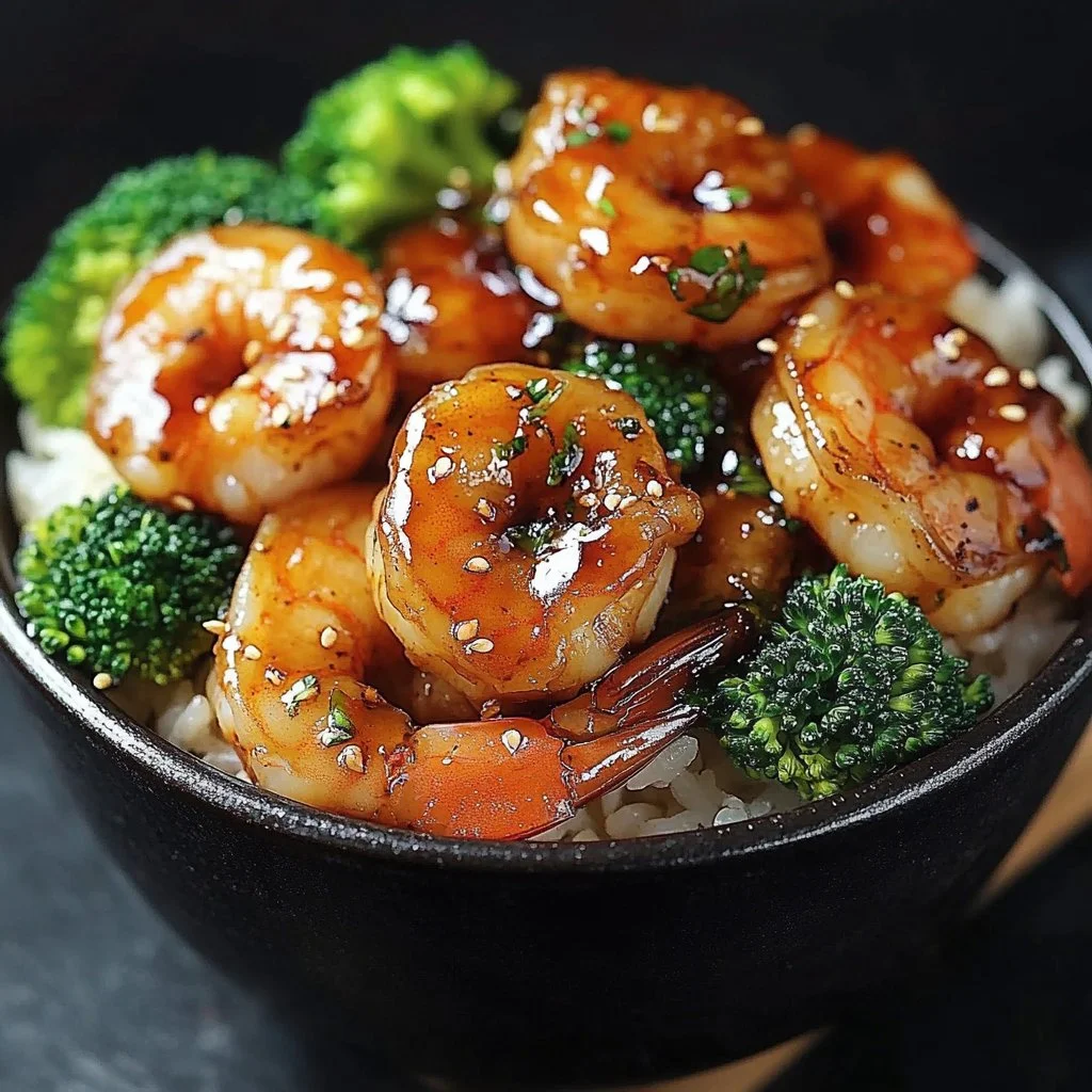 Delicious honey garlic shrimp bowls served with rice and vegetables