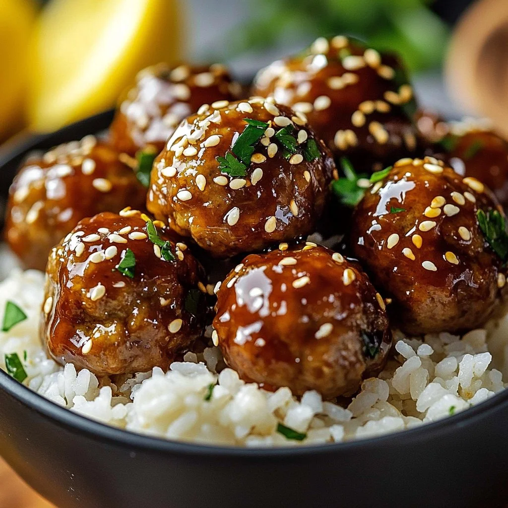 Delicious honey garlic turkey meatballs served on a plate with sauce and garnish.