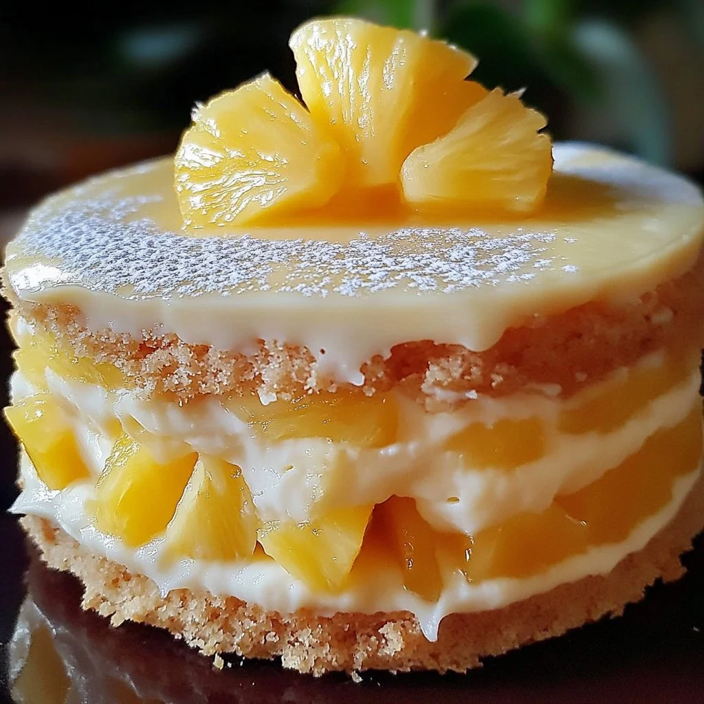 Juicy Pineapple Heaven Cake topped with fresh pineapple and cream