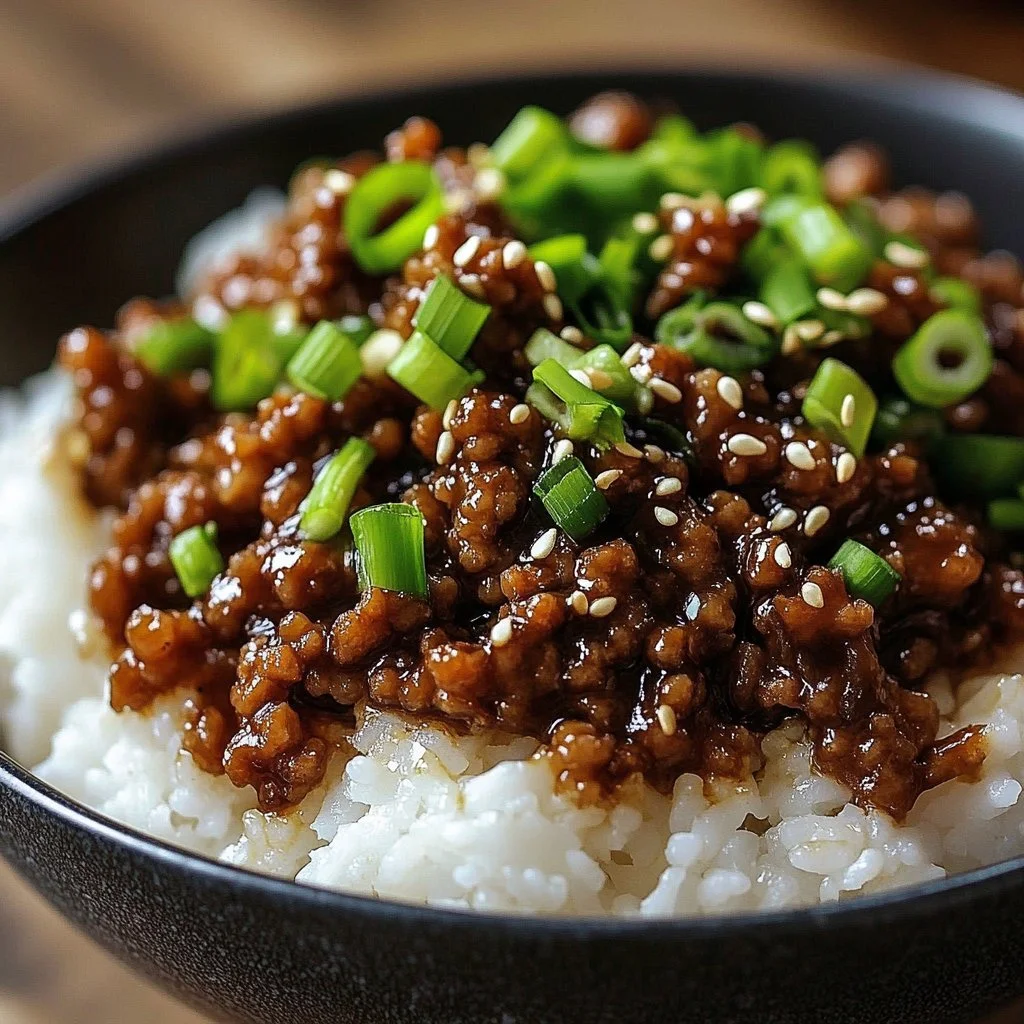 Korean Ground Beef Bowl topped with vegetables and sesame seeds