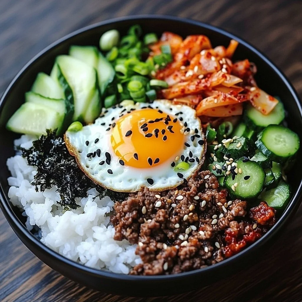 Delicious Korean Ground Beef Bowl topped with vegetables and sesame seeds.