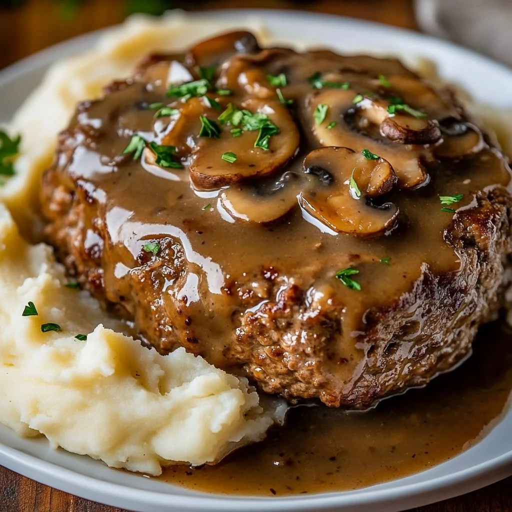Meatloaf served with creamy mushroom gravy on a plate.