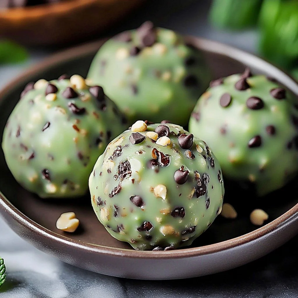 Homemade mint chocolate chip protein balls for a healthy snack option.
