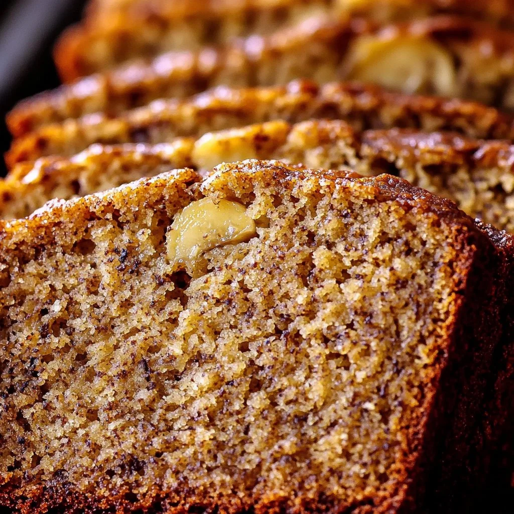 Slice of moist banana bread on a wooden cutting board