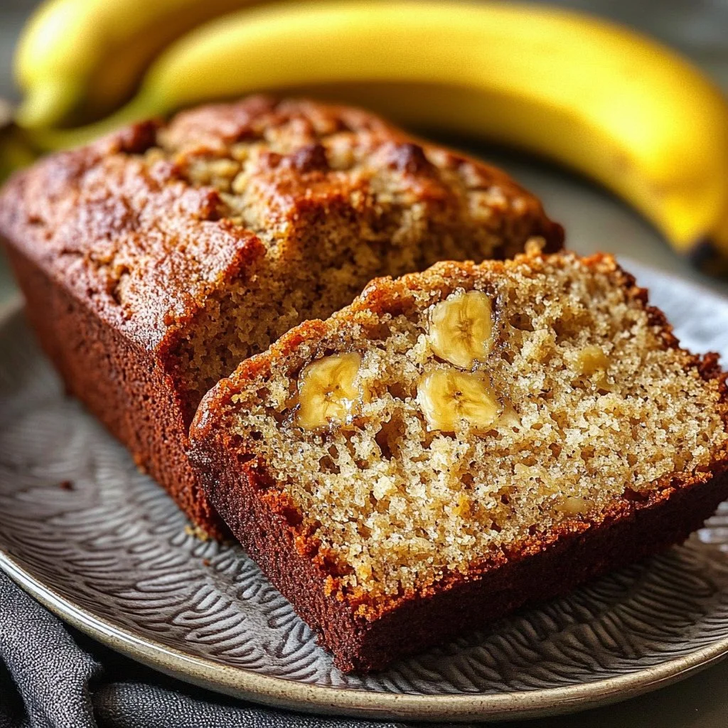 Deliciously moist banana bread with ripe bananas and a golden crust